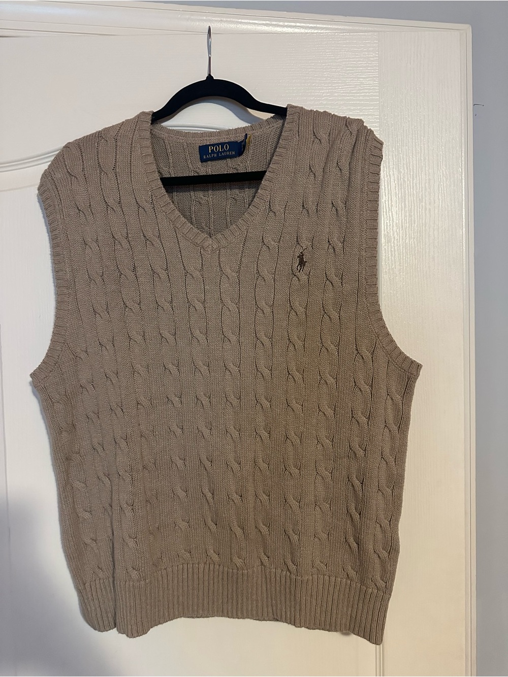 Ralph Lauren Men’s Taupe Cable-Knit V-Neck Sweater Vest